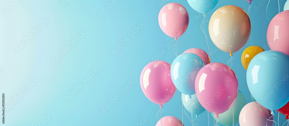Poster a collection of colorful balloons on a light blue background with space for text banner design. copy