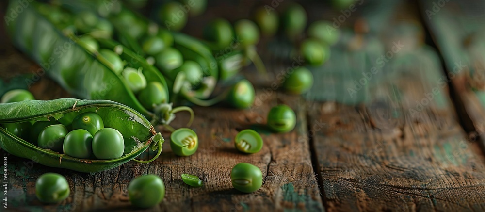 Poster green peas on a wooden table green beans in an open pod on the table numerous green pea pods beans i