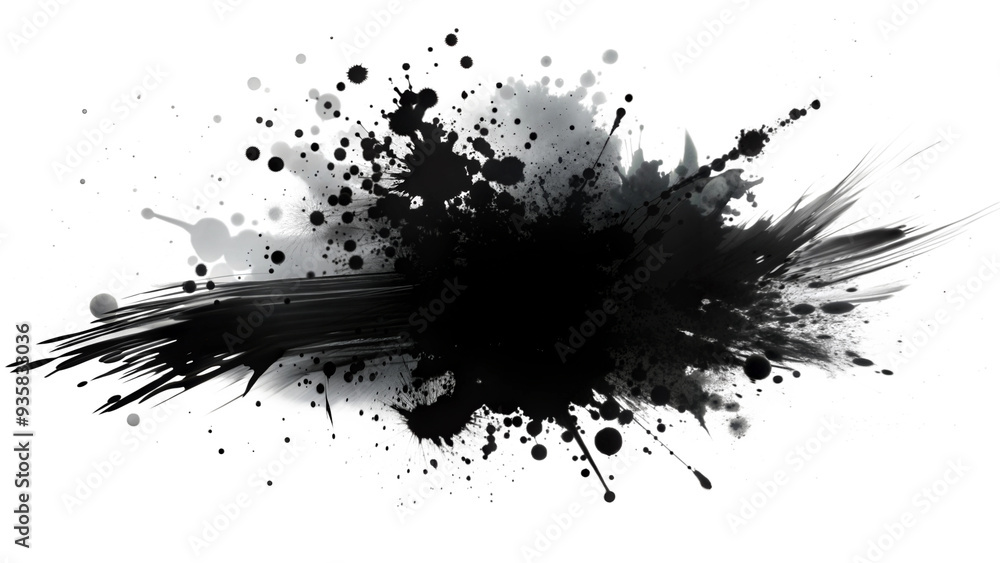 Poster four dynamic black ink splatters with artistic brush strokes on transparent background. concept of c
