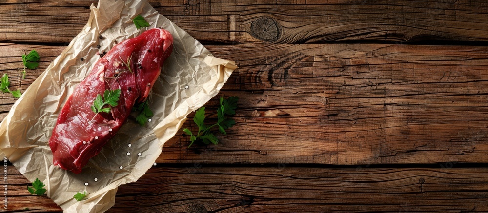 Poster a top view of raw fresh meat placed on a paper napkin on a wooden surface. copy space image. place f