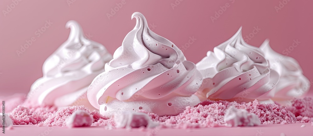 Poster close up view of meringue against a pink background. copy space image. place for adding text and des