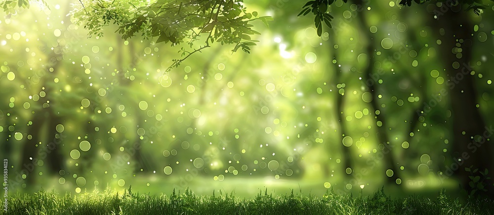 Poster blur and bokeh artwork in green forests. copy space image. place for adding text and design