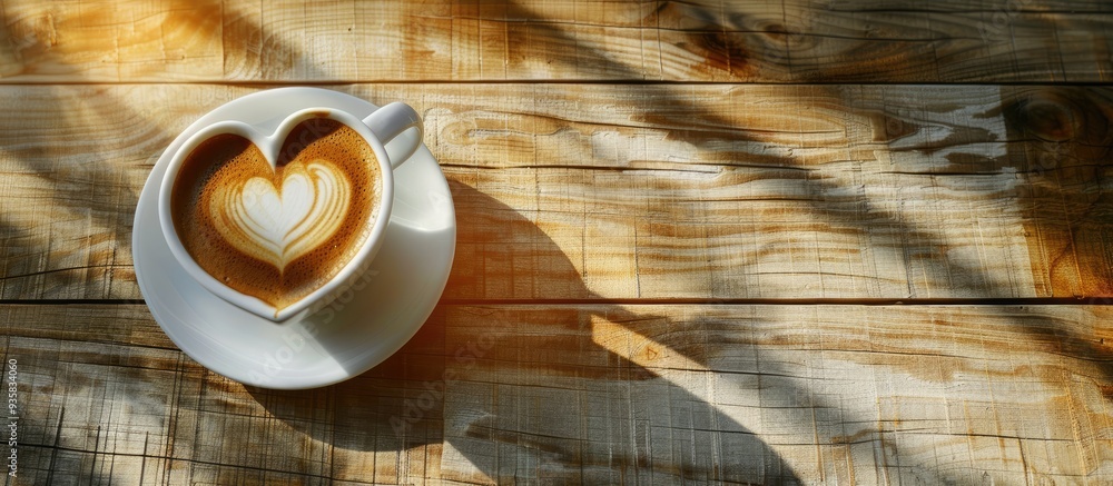 Poster heart shaped frame and a cup of coffee on a wooden surface. copy space image. place for adding text 