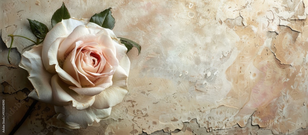 Poster textured aged paper background featuring a pale pink rose. copy space image. place for adding text a