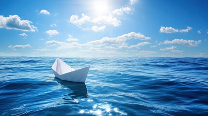 Obraz premium Small White Paper Boat In Big Ocean With Blue Sky And Sunshine - Business Opportunity/Vision Concept with generative ai