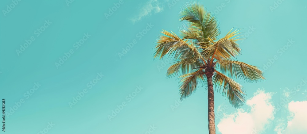 Poster Palm tree against a bright blue summer sky in a vintage tone. Copy space image. Place for adding text and design