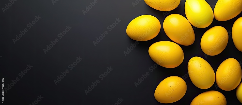 Aufkleber yellow easter eggs on a black background celebrating the easter theme festive backdrop top view. cop