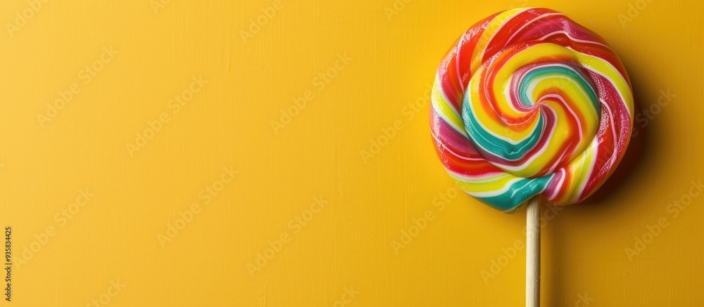 Poster top view of a tasty multicolored swirl lollipop on a wooden stick set against a yellow background. c