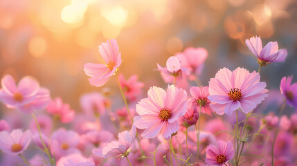 Obraz premium cosmos flower.Natural colorful panoramic landscape with many wild flowers of daisies against blue sky.Close up flowers blooming on softness style in spring summer under sunrise.