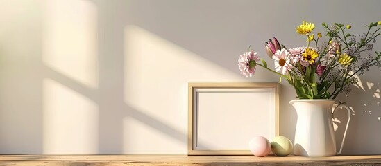Jug filled with lovely flowers vacant picture frame and an Easter egg on a table beside a light colored wall. Copy space image. Place for adding text and design