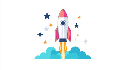 Rocket icon,  Minimalist flat 2D illustration of a colorful rocket launching upwards, surrounded by simple stars, isolated on a clean white background, conveying a sense of