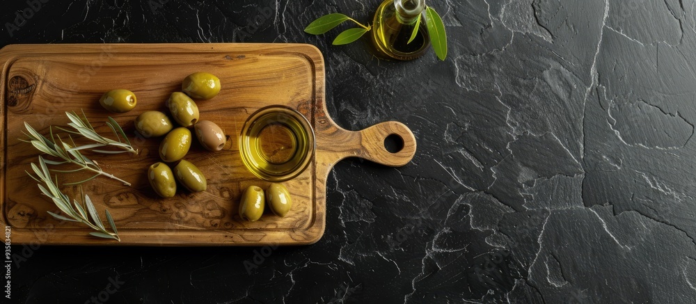 Poster kitchen cutting board with olives and oil on a black stone background top view. copy space image. pl