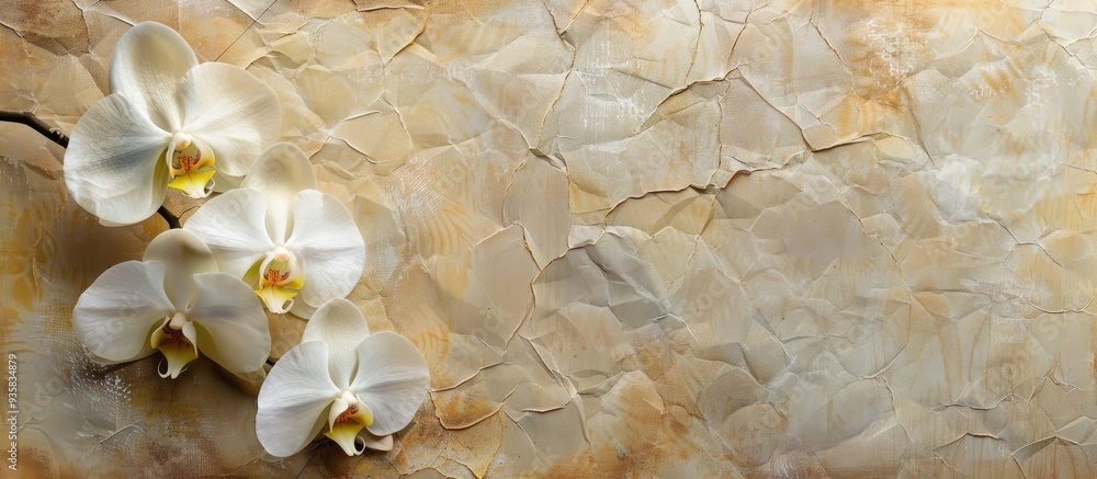 Aufkleber textured vintage paper background featuring a white phalaenopsis orchid. copy space image. place for