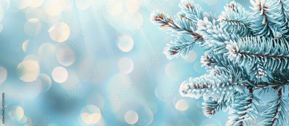 Poster blue spruce branch against a blurred blue winter background. copy space image. place for adding text