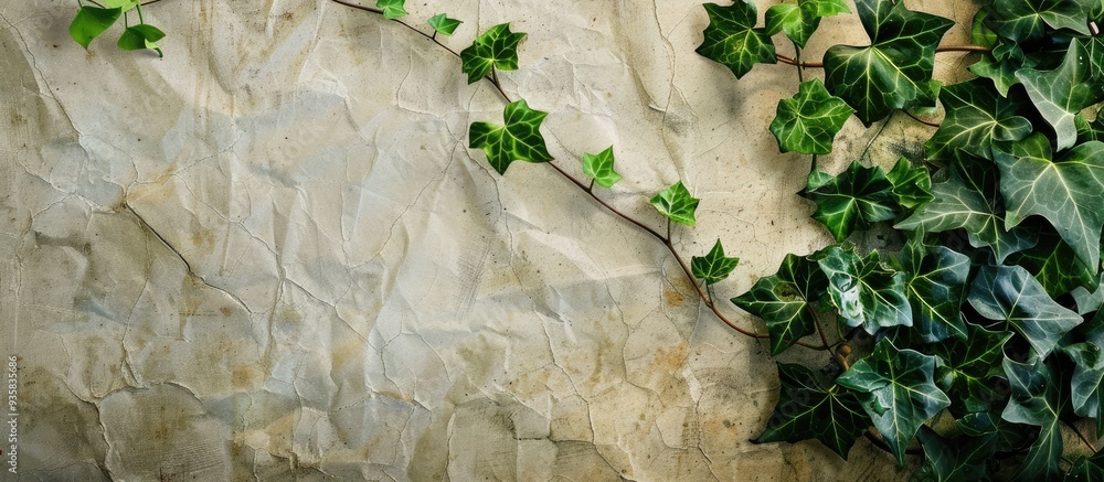 Poster green ivy on vintage distressed paper texture. copy space image. place for adding text and design