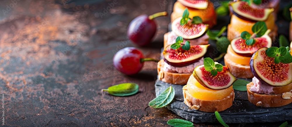 Poster autumn fruit canapes featuring figs persimmons white grapes and cheese. copy space image. place for 