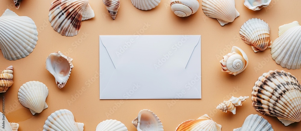 Poster summer concept featuring a blank greeting card and white paper on a colored background seashells fro
