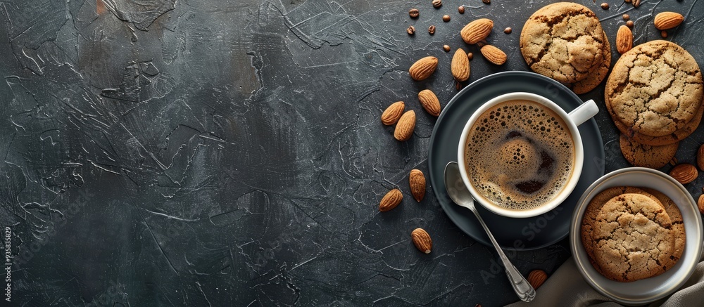 Poster coffee accompanied by cookies and almonds. copy space image. place for adding text and design
