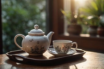 Fototapeta premium Teapot and tea cups, tea set on a tray placed on the table, blurred background, morning light.