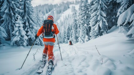 A skier confidently makes their way through a tranquil winter forest, surrounded by snow-laden trees and pristine frozen terrain, enjoying the backcountry experience