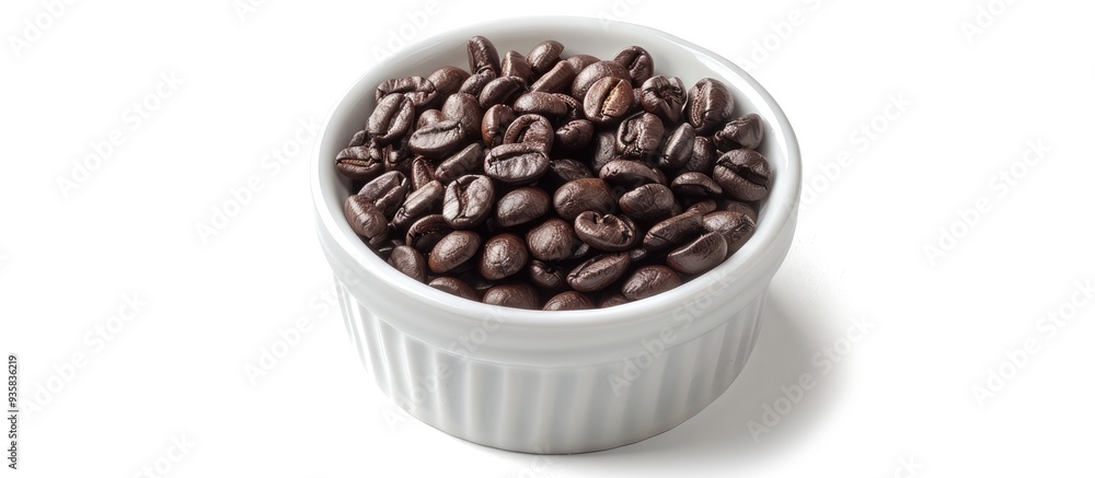 Poster dark roasted coffee beans in a ceramic ramekin isolated on white top view close up. copy space image