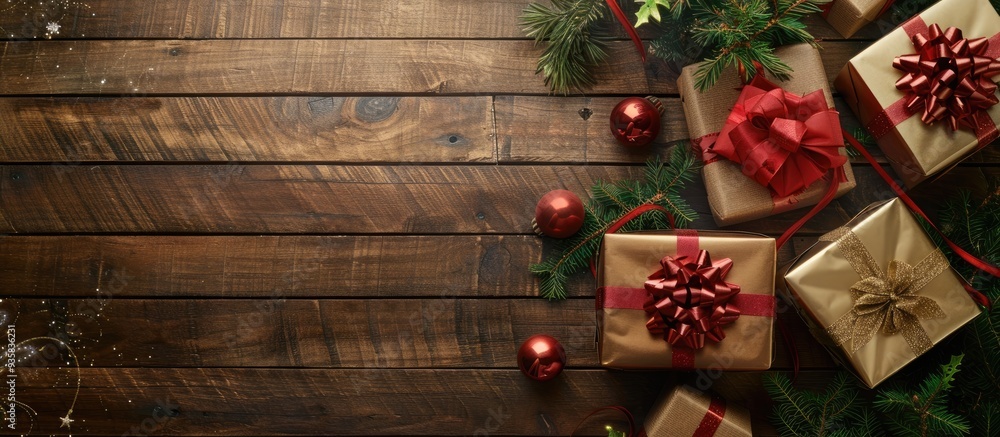 Poster shiny wrapped gift boxes on a wooden table top view. copy space image. place for adding text and des