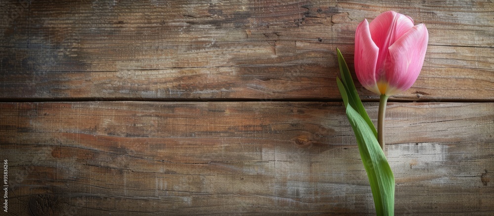 Poster an overhead view of a pink tulip on a wooden table with room for your text. copy space image. place 