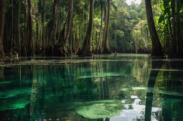 Thapom Khlong Song Nam, Krabi Province, Thailand, 2 September 2023 : the beautiful landscape of wetland swamp with emerald water stream.