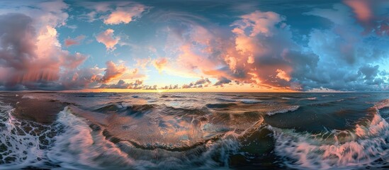 Baltic Sea at sunset Striking sky with glowing blue and pink clouds gentle golden sunlight Waves and splashing water create a picturesque dreamlike seascape and cloudscape in nature Panoramic view wi