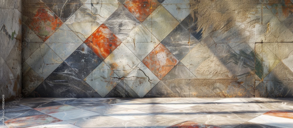 Poster multicolored cross shaped tile on the wall. copy space image. place for adding text and design