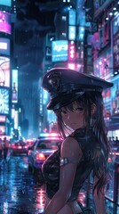 Obraz premium A police officer in an anime style surveys a vibrant city street filled with neon lights on a rainy night, creating a lively ambiance