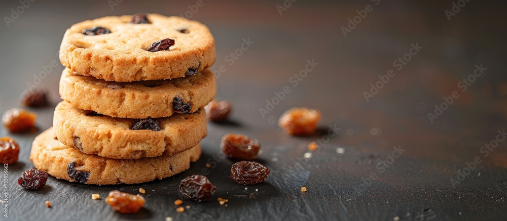 Poster background featuring shortbread cookies with raisins. copy space image. place for adding text and de