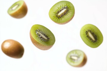 Fototapeta premium Fresh kiwifruit slices and whole kiwis floating against a light background in creative arrangement
