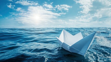 Small White Paper Boat In Big Ocean With Blue Sky And Sunshine - Business Opportunity/Vision Concept with generative ai