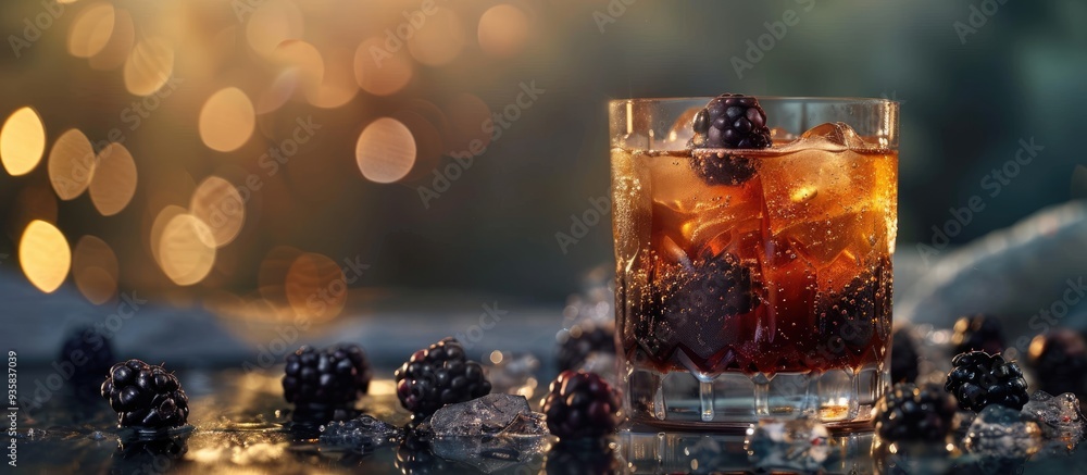Poster bourbon renewal cocktail adorned with blackberries. copy space image. place for adding text and desi