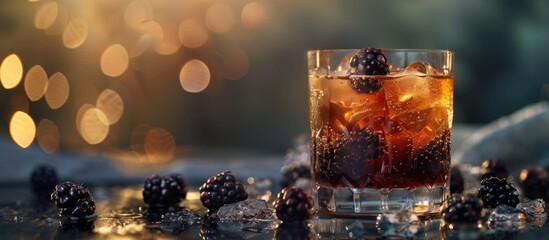 Bourbon Renewal cocktail adorned with blackberries. Copy space image. Place for adding text and design