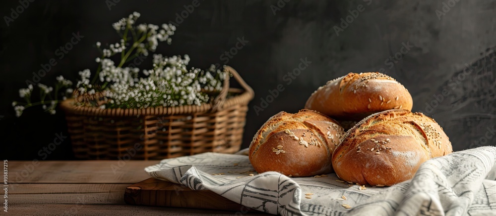 Poster freshly baked bread on a wooden board accompanied by a handmade tablecloth and a wicker basket. copy