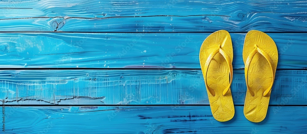 Poster top view of yellow flip flops on a blue wooden background. copy space image. place for adding text a