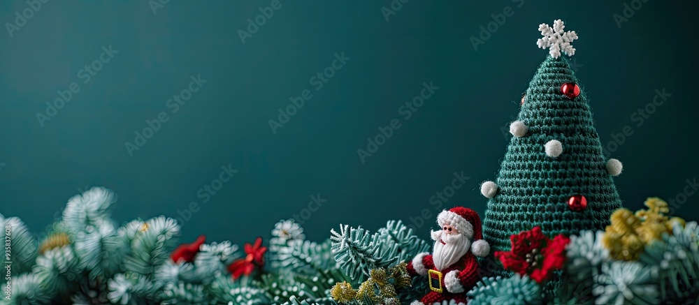 Poster christmas arrangement featuring a crocheted fir tree and santa claus. copy space image. place for ad