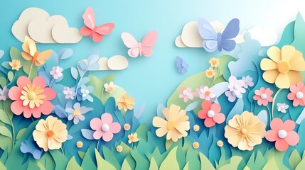 An idyllic spring scene featuring colorful butterflies fluttering among an array of flowers, all set under a bright blue sky with puffy white clouds in the background.