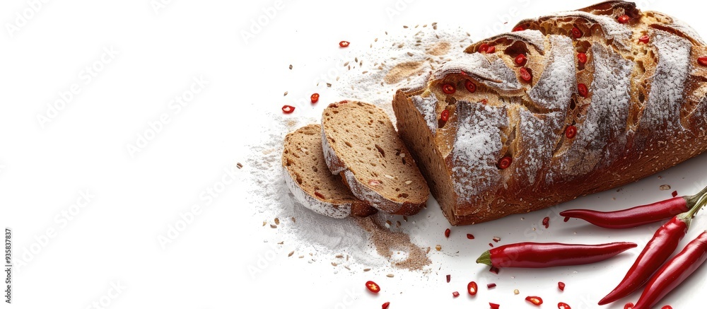 Wall mural Rye bread topped with red chili peppers and salt on a white background Chopped baked goods made from different types of grain flour A loaf cut into slices for breakfast toast Copy space wallpaper