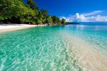 Fototapeta premium A peaceful, isolated beach on a paradise island, with crystal-clear water and white sand, perfect for a day of relaxation and solitude