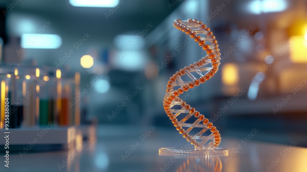 Poster an orange-tinted rendition of a detailed dna double helix model set within a high-tech laboratory, r