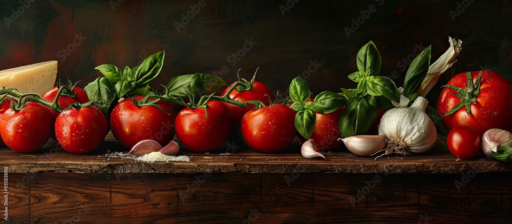 Aufkleber tomatoes garlic basil and parmigiano cheese on an aged authentic table freshly made ingredients. cop