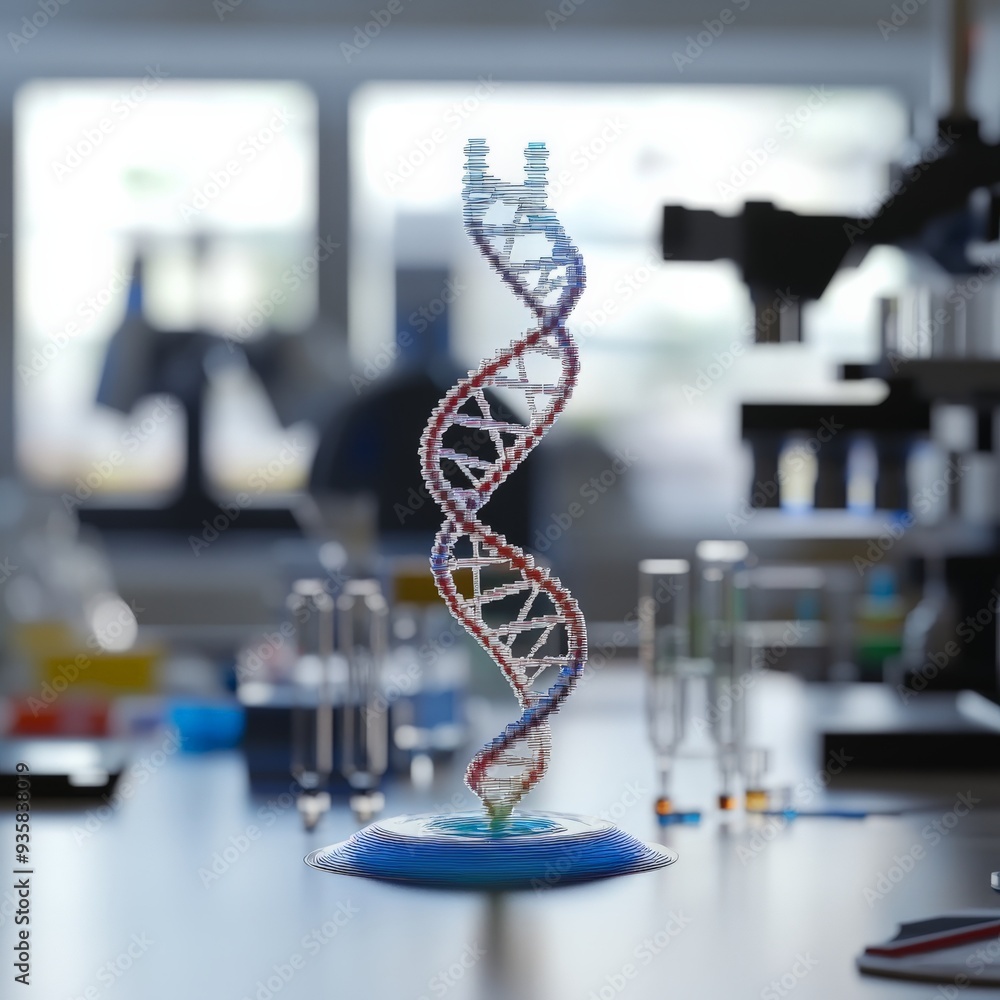 Poster a vibrant and colorful 3d-printed model of a double helix dna strand, captured in a well-equipped la