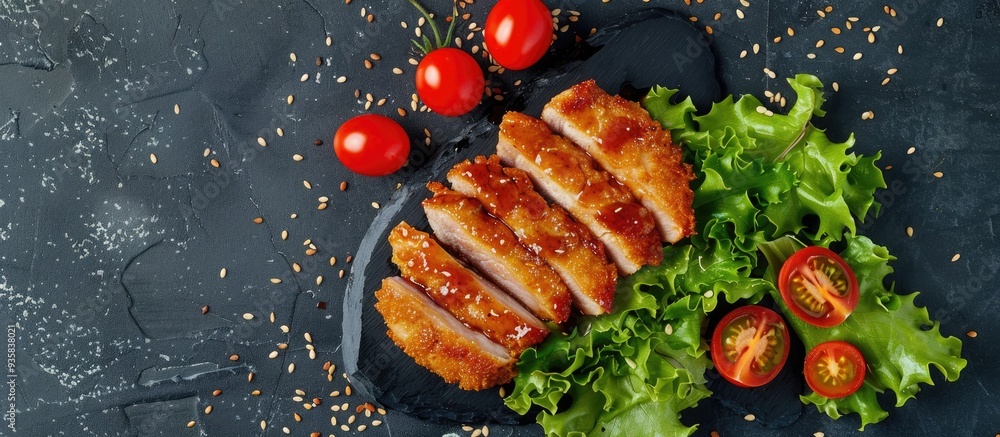 Poster homemade japanese style pork cutlet accompanied by cherry tomatoes and lettuce. copy space image. pl