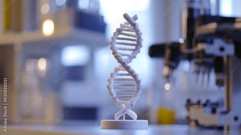 Poster a minimalistic white 3d-printed model of a dna helix displayed in a research laboratory setting, emp