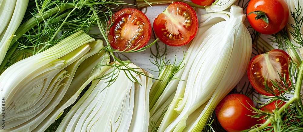 Poster close up of a fresh salad featuring fennel greens and tomato. copy space image. place for adding tex