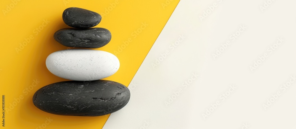 Poster pebbles are stacked in the corner of a white and yellow background with copy space