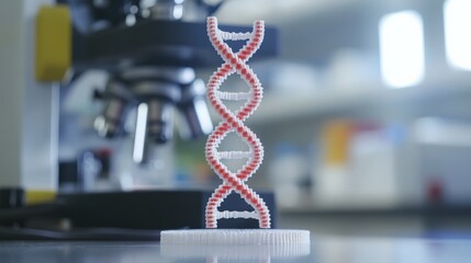 A 3D-printed DNA helix model in a modern laboratory with a microscope in the background, symbolizing scientific research and genetic studies.